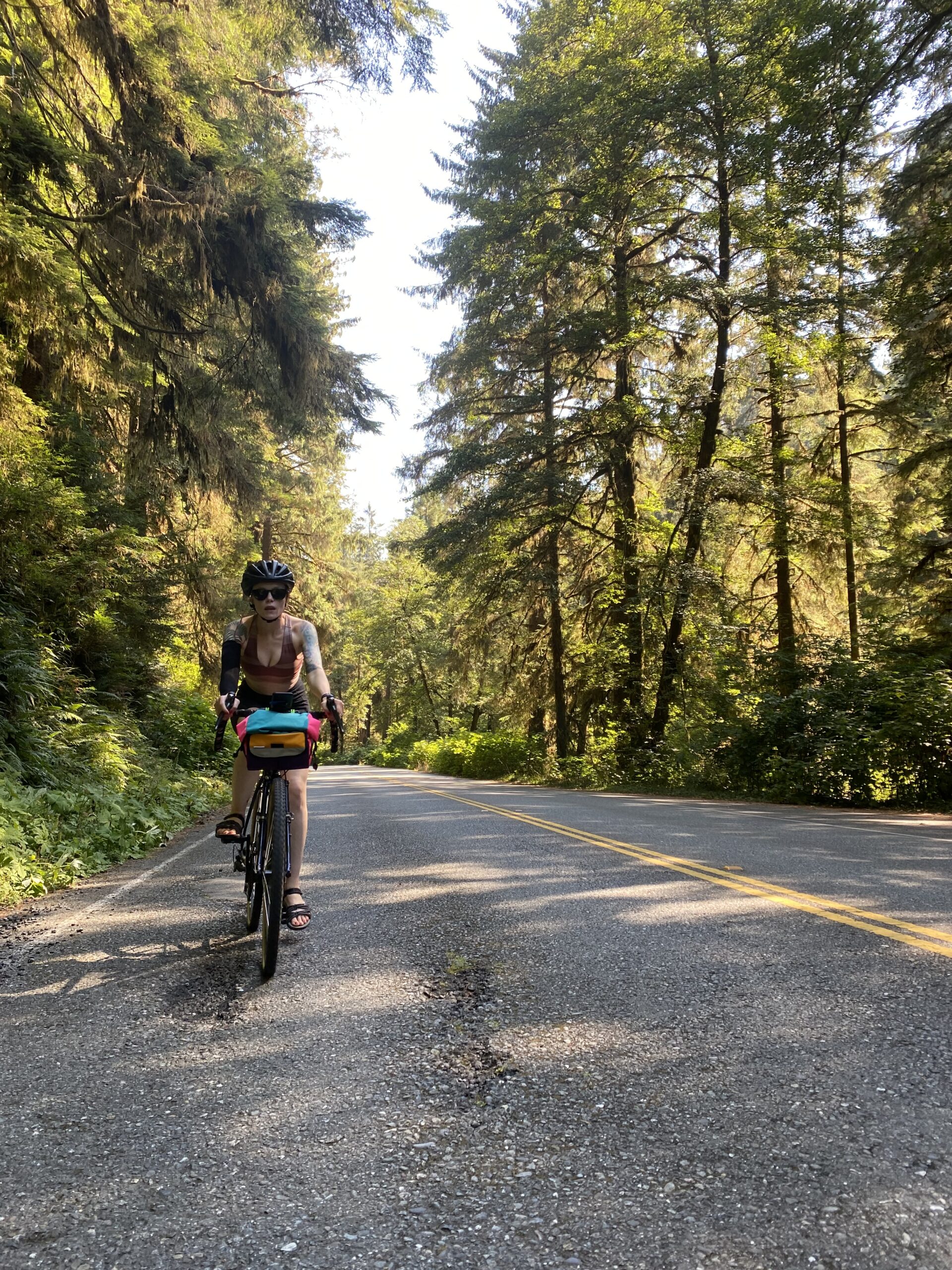 Girl biking on the road surrounded by redwood trees