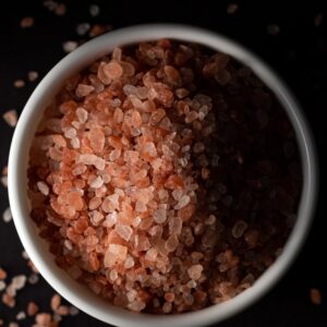 Red sea salt in a white ramekin.