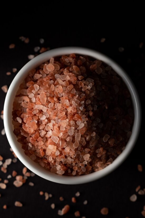 Red sea salt in a white ramekin.