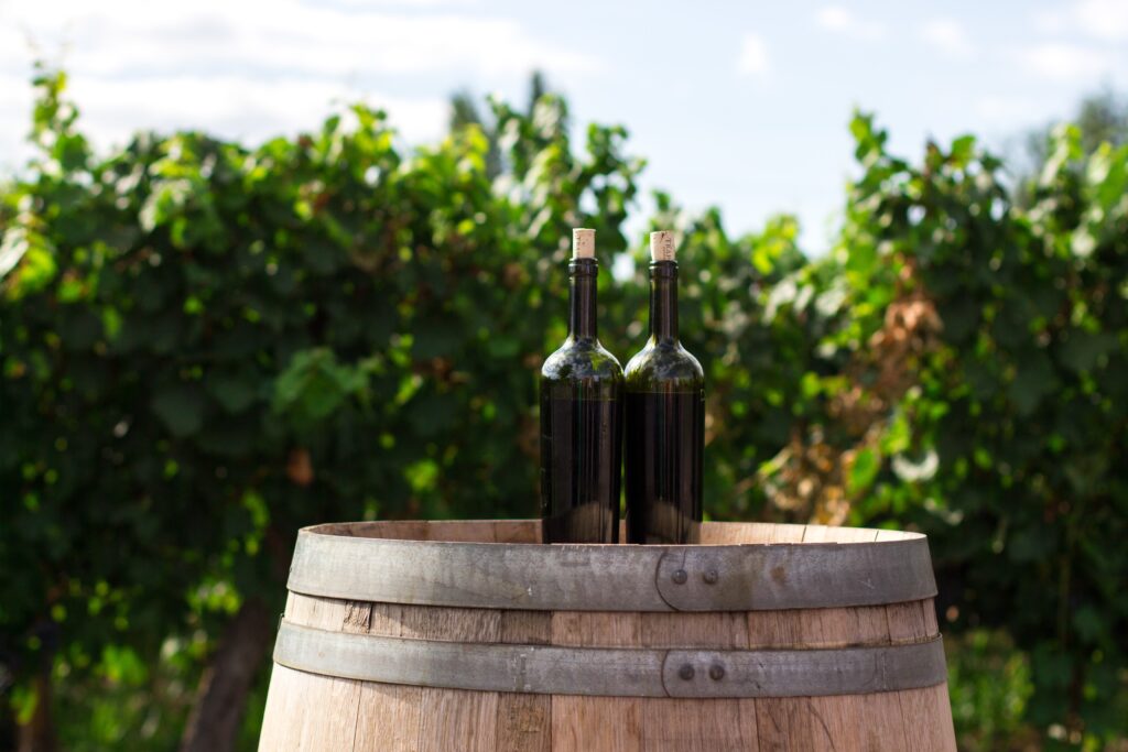 Two wine bottles on a barrel in a vineyard.